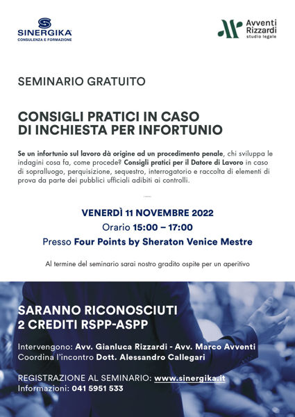 Immagine di SEMINARIO GRATUITO: CONSIGLI PRATICI IN CASO DI INCHIESTA PER INFORTUNIO (11/11/2022)