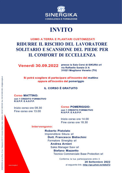 Immagine di SEMINARIO GRATUITO: UOMO A TERRA E PLANTARI CUSTOMIZZATI - RIDURRE IL RISCHIO DEL LAVORATORE SOLITARIO E SCANSIONE DEL PIEDE PER IL COMFORT DI ECCELLENZA (30/09/2022)