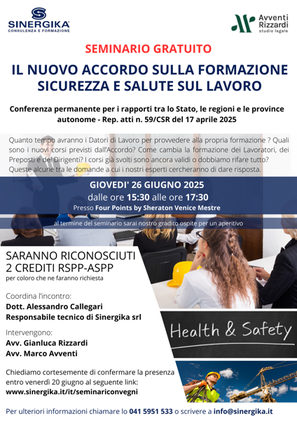 Immagine di SEMINARIO GRATUITO: IL NUOVO ACCORDO SULLA FORMAZIONE SICUREZZA E SALUTE SUL LAVORO (26/06/2025)